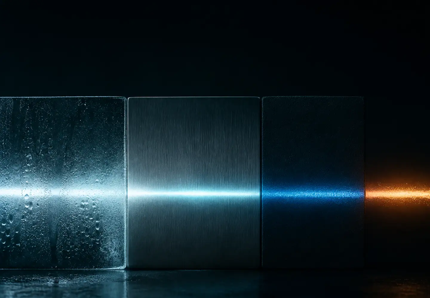 Pulso de luz fría que atraviesa vidrio con condensación, acero cepillado y panel oscuro